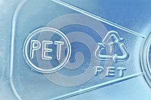 Close-up of plastic recycling symbol 01 PET Polyethylene terephthalate photo