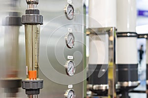 Close up plastic tube rotameter measuring device for pressure quantification and volumetric flow rate of liquid or fluid movement