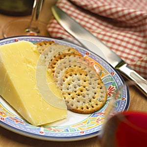 Close up of plate of cheese and biscuits