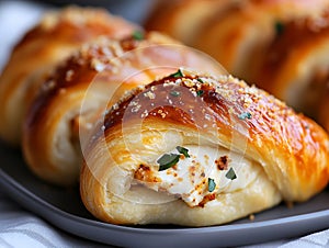 A close up of a plate of croissants on a table