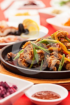 Close up plate on table with meat shot