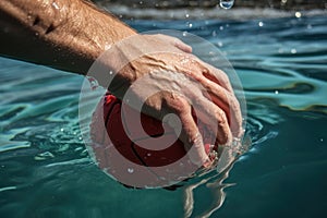 close-up of a players hand gripping a water polo ball