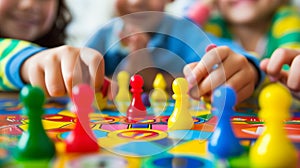 close-up of playing board game and having fun with friends and family in room indoors, board game concept, group of kids