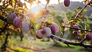 Close-up of a plum tree at sunset.