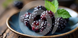 Close up of plump blackberries; spoon, plate, branch , macro, background