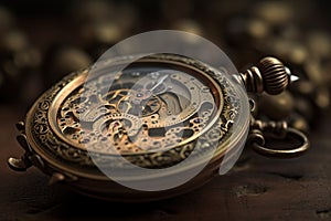 a close up of a pocket watch on a table with beads