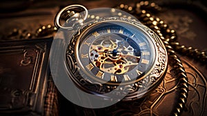 A close up of a pocket watch on top of some books, AI