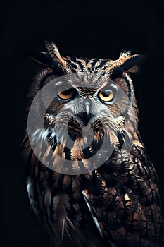 A close up of a pockmarked owl staring forward. Portrait. Taken against a dark background the eyes are penetrating the viewer.