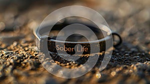 Close-up of a poignant 'Sober Life' bracelet lying on a textured surface, symbolizing the commitment to sobriety