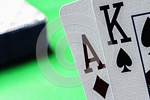 Close up poker cards against green background. Combination in poker game. Horizontal image