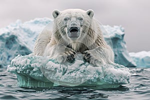 Close-up of a polar bear on a small piece of ice between icebergs in the sea, looking at the camera