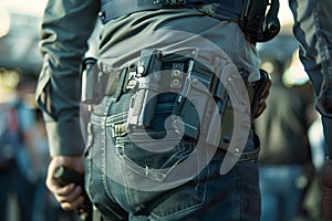 Close-up of police officer\'s duty belt with equipment