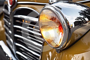 close-up of polished classic car headlights