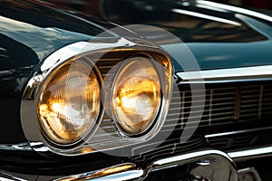 close-up of polished classic car headlights