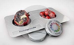 Close up of pomegranate and pills isolated - vitamin concept