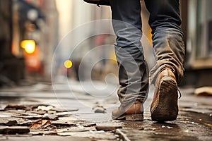 Close-Up of a Poor Man& x27;s Worn Shoes and Legs on Urban Street.