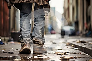 Close-Up of a Poor Man& x27;s Worn Shoes and Legs on Urban Street.