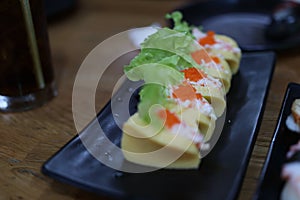 Close-up, popular Japanese food set, fresh sweet egg sushi, delicious to eat, good food concept