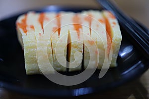 Close-up, popular Japanese food set, fresh sweet egg sushi, delicious to eat, good food concept.