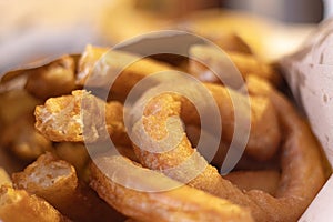 Close up of porra,similar to churros, is a classic Spanish breakfast consumed with hot chocolate or coffee with milk