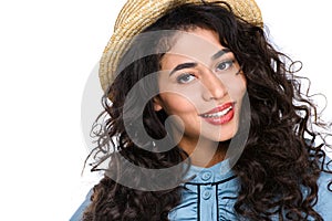 close-up portait of beautiful young woman in canotier hat