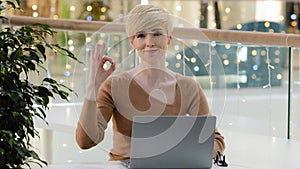 Close-up portrait 40s blonde middle aged business woman nice cheerful glad happy lady financier start-up owner manager