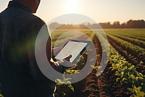 Close-up portrait agronomist examining crop health using a tablet in a sunlit field. Generative AI