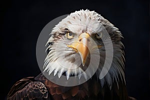 Close up portrait of American Bald eagle face isolated on black background with copy space. haliaeetus leucocephalus