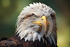 Close up portrait of American Bald eagle face isolated on nature background with copy space. haliaeetus leucocephalus