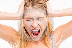 Close up portrait of angry woman with closed eyes and ears