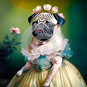 A close-up portrait of an anthropomorphic pug girl in a ball gown. She has a flower hairstyle on her head. Funny design for