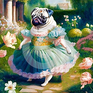A close-up portrait of an anthropomorphic pug girl walking in a garden in a ball gown. Funny design for children and adults in the
