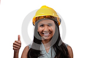 Close up portrait of asian smiling woman architect showing thumbs up gesture, isolated over white background