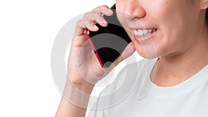 Close up  portrait of Asian woman talking on smartphone isolate on white background, Blank screen mobile