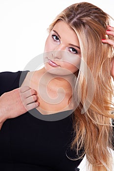 close up portrait of attractive blonde woman on white background