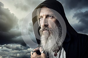 Close up portrait from an attractive man with a grey beard and a hood in front of a dramatic sky