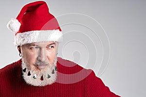 Close up portrait of attractive middle aged man with decorated beard wearing Christmas hat and red sweater looking aside