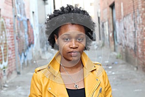 Close up portrait of an attractive young black woman with afro hair