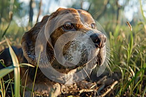 Close up Portrait of a Beagle Dog with Expressive Eyes in a Sunlit Field, Nature and Pet Themed Image for Stock Photo