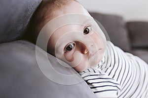 Close up portrait of beautiful baby boy lying on the sofa and looking at the camera. Family concept