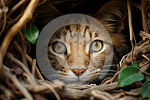 Close-up portrait of a beautiful bengal cat in the nest