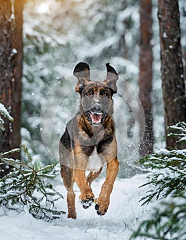 Close-up portrait of beautiful domestic hunter dog running in the snow between trees in winter forest