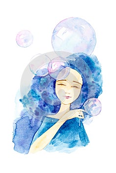Close-up portrait of a beautiful girl in a blue dress with blue hair and closed eyes.Surrounded by big soap bubbles. Watercolor