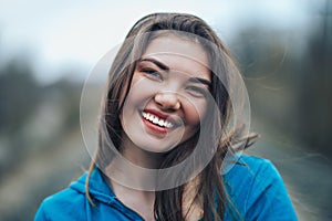 Close up Portrait of beautiful mixed race Caucasian young woman with dark eyes and hair