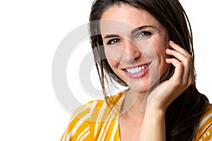 Close up portrait of beautiful perfect white teeth smile, possible advertisement for dentist, orthodontist, oral health care