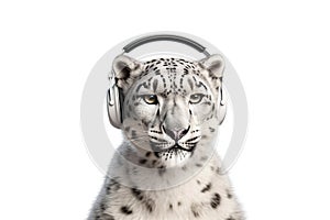 Close up portrait of a beautiful snow leopard in a in wireless headphones isolated on white background. The leopard is