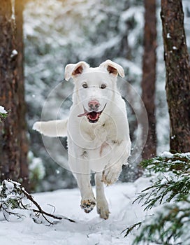 Close-up portrait of beautiful white domestic hunter dog running in the snow between trees in winter forest