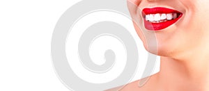 Close up portrait of beautiful wide smile with whitening teeth and perfect red lips of young fresh woman isolated over white