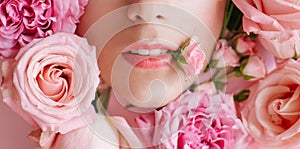 Close up portrait of beautiful woman face wih bright make up and perfect skin posing with roses on pink background