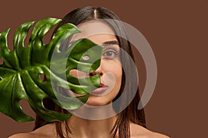 Close-up portrait of a beautiful woman holding a branch of a monsters plant hiding her face. The concept of beauty, cosmetics,